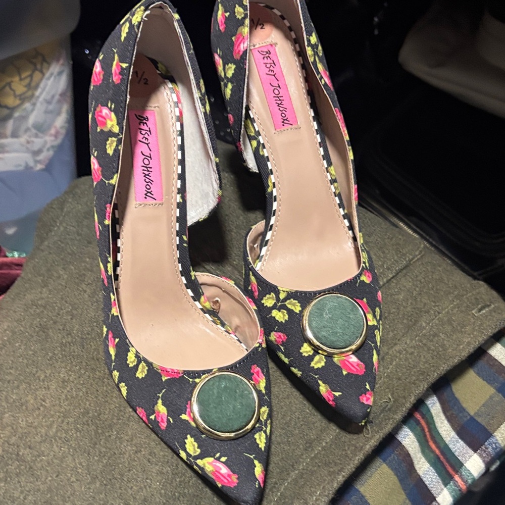 Betsey Johnson Black Heels with Pink and Green Floral Design